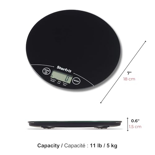 Starfrit Digital Kitchen Scale, Glass Platform, 11 lb/5 kg Capacity, Black
