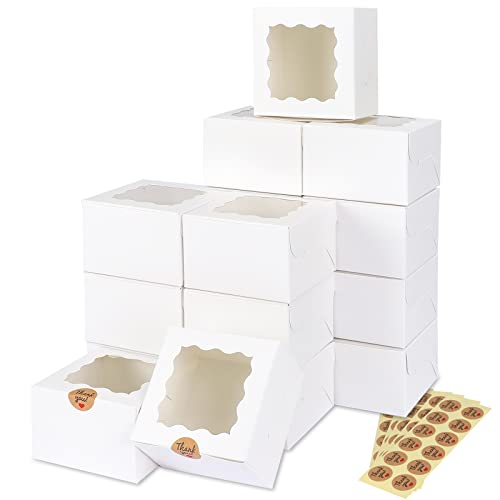 Moretoes 50pcs Small Cookie Boxes with Window, 4x4x2.5In White Bakery Boxes - color: White