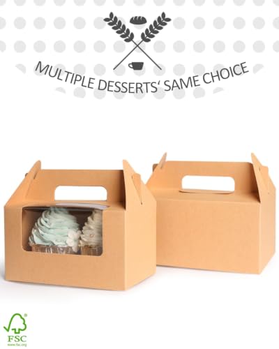 qiqee Cupcake Box Two Holder 6.5x3.6x3.5inch(2.2" Top) 50pcs Brown 2 Cupcake Boxes With Window - color: Brown, size: 50Pcs, Two Holder