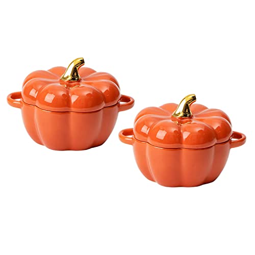 Pumpkin Bowl Set with Lid and Handle, Set of 2 Ceramic Ramekins for Baking, Casserole Dish Individual Severing Pot, Stoneware, Oven Safe, 14 Oz (Orange) - color: Orange
