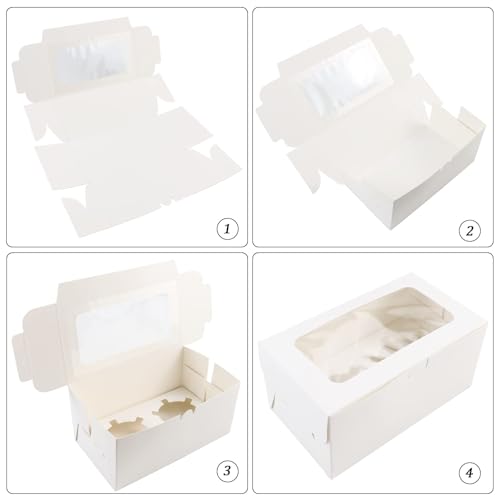 30 Pack White Paper Cupcake Boxes with 2 Cavity Cookie Gift Boxes with Clear Window 2 Treat Holder Cupcake Containers Bakery Cake Box for Birthday Party Holiday Bakery Supplies