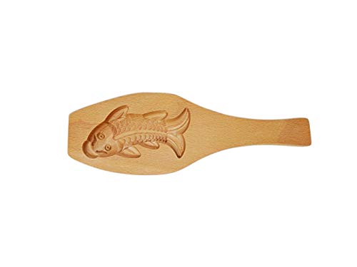 Needzo Traditional Wooden Moon Cake Mold, Gold Fish Shape For Biscuits, Muffins, Mid-Autumn Festival, 9 Inch