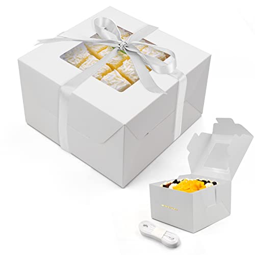 25pcs 8x8x5 Inches Cake Boxes, White Bread Boxes with Windows for Pastries, Cupcakes,Cookies, Pie, Muffins and Donuts