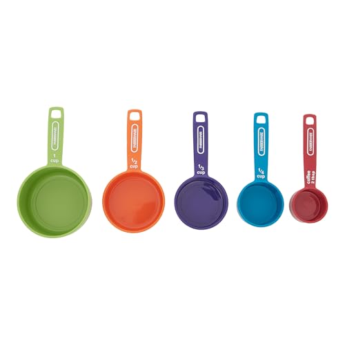 FARBERWARE 5-Piece Measuring Cup Set with Coffee Scoop, Durable Plastic Nesting Measuring Cups with Easy-Read Markings, BPA-Free, Dishwasher Safe - style: Cups