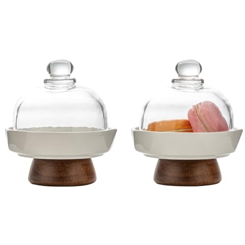 Ceramic Mini Round Cake Stands, 3.9 x 3.9 x 4.3 in, Pair with White Plates, Clear Glass Domes and Acacia Wood Pedestal Bases, Covered Dessert Displays, for Wedding Parties, Birthdays and Afternoon Tea - color: 2 Sets 4 inch Mini ceramicGlass Dessert Dome