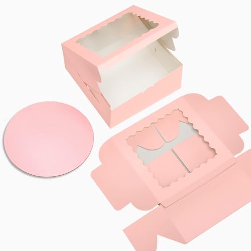 Bakepacker 10"x10"x5" Pink Cake Boxes with Window, 18 Sets - color: Pink, 10"x10"x5", 18Pcs