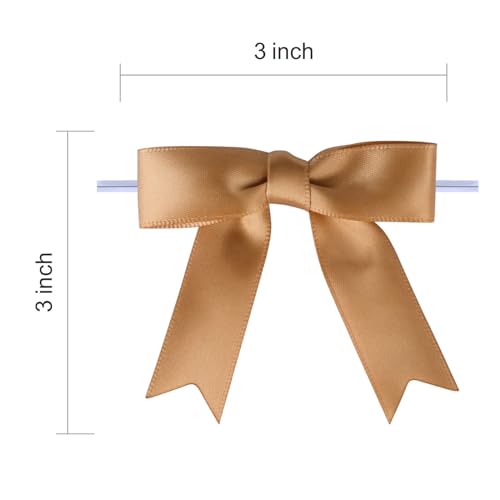 Meseey 50 Pcs 3 Inches Twist Tie Satin Ribbon Bows Latte Pretied Premade Craft Bows for Treat Bags Gift Wrapping Basket Wedding Baby Shower Brithday Christmas Party (3", Latte) - color: Latte