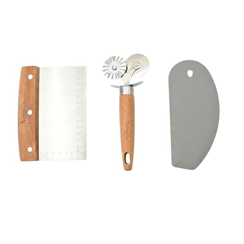 NAZANIN Baking Trio Set – Stainless Steel Dough Scraper with Beech Wood Handle, Pastry Cutter Wheel, and BPA-Free Silicone Bowl Scraper – Essential Bread, Pizza, Pastry, and Baking Tools