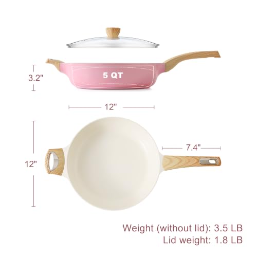 SENSARTE Ceramic Nonstick Frying Pan Skillet with Lid, 12 Inch Large Deep Frying Pan, 5 QT Saute Pan, Induction Pan, Healthy Non Toxic Cooking Pan with Helper Handle, PFOA PFAS PTFE Free - color: Pink, size: 5QT / 12IN