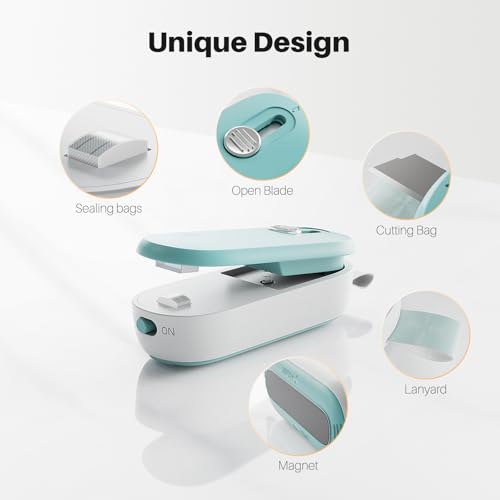 ODSD 2 in 1 Mini Bag Sealer - Heat Seal and Cutter with Lanyard, Portable Handheld Chip Bag Sealer for Snacks, Candies, Plastic Food Storage (Batteries Included) - color: Green/White