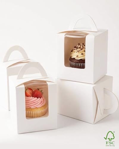 qiqee 100Pcs Auto Pop-up Cupcake Boxes Individual Cupcake Holders Disposable White Single Cupcake Boxes with Window 3.7"x3.7"x4.5" Cupcake Containers - color: White, size: 100Pcs, One Holder