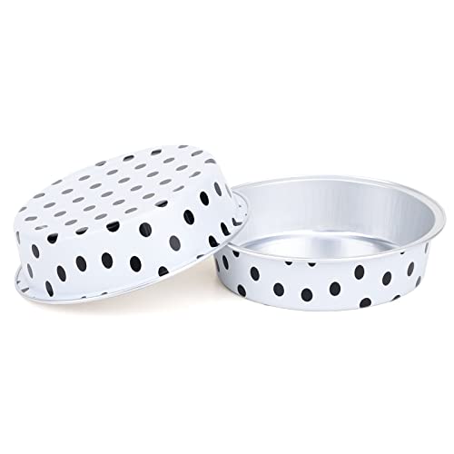 Beasea Mini Tart Pans with Lids 50 Pack, 4” 8oz Disposable Aluminum Baking Foil Tins Round Small White Black Dot Container for Individual Cupcake Dessert Muffin Ramekin Cheesecake Quiche Oven Dishes - color: Black Dot in White