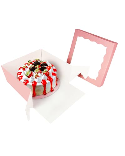 qiqee 12x12x6 Cake Box, 18 Sets Pink Cake Box with Window ＆ 18 Sets 8" Cake Round Boards, 8inch Cake Containers, 10 Meters Silk Ribbon - color: Pink, size: 18 Sets /12x12x6