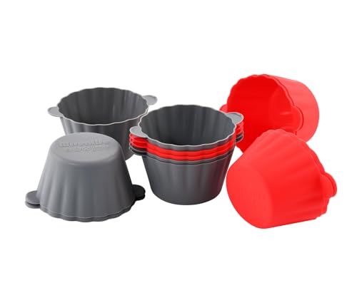 12 Pack Reusable Non-stick Large Silicone Baking Cups, 3.54 Inch Jumbo Silicone Cupcake Liners, Cake Molds with Handles, Large Muffin cups, Red and Gray