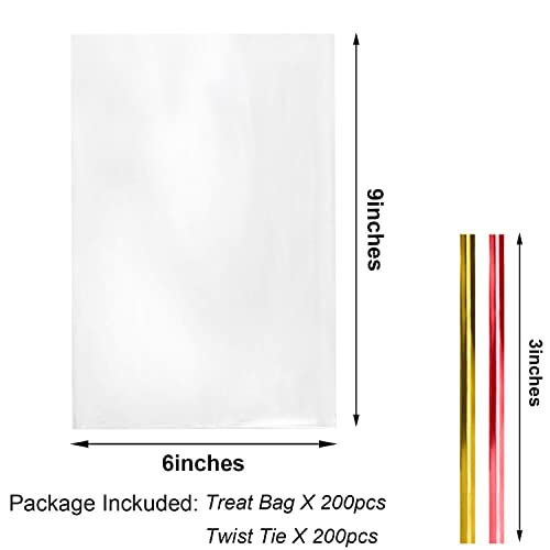 Morepack Cellophane Treat Bags 6x9 In 200 PCS Cookie Bags with Twist Ties - size: 6x9 Inch (Pack of 200)