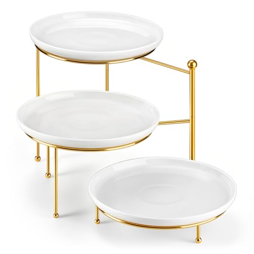 MALACASA Round 3 Tier Serving Tray, 10.25" White Porcelain Dessert Stand - color: White Gold