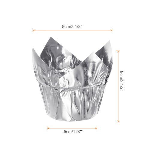 HARFINGTON 50Pcs Tulip Cupcake Liners Standard Aluminum Foil Baking Cups Greaseproof Wrappers Disposable for Birthday Banquets Party, Silver Tone - color: Silver Tone