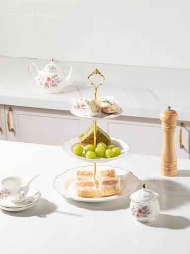 Sweejar 3 Tier Ceramic Cake Stand Wedding, Dessert Cupcake Stand for Tea Party Serving Platter(White) - color: Pure White