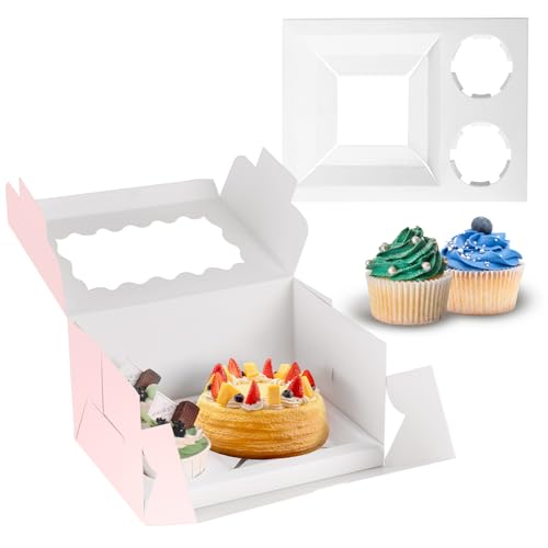 JCD 8Pcs Pink Cake Cupcake Combo Boxes Clear Lid with 2 Cupcake Holes -Clear Window Bento Cake Boxes for Bakery Baking Supplies(Pink 1+2/8Pcs) - size: Pink 1+2/8Pcs