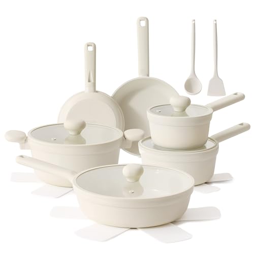 SENSARTE Ceramic Nonstick Pots and Pans Set, 17pcs Nontoxic Cookware Set - color: Creamy White