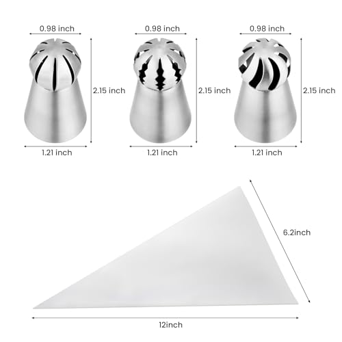 3Pcs/set Ball Russian Piping Tips,Stainless Steel Russian Piping Tips with 10Pcs Disposable Piping Bags,Cake Icing Nozzles Flower Cake Decorating Tips Kit For Baking