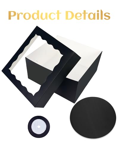 qiqee 12x12x6 Cake Box, 18 Sets Black Cake Box with Window ＆ 18 Sets 12" Cake Round Boards, 12inch Cake Containers, 10 Meters Silk Ribbon - color: Black, size: 18 Sets /12x12x6