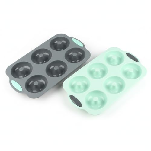 2-Pack Donut Pan Set with Easy-Grip Handles - Large 3" Non-Stick Molds for Baking Vegan, Gluten-Free Bagels & Desserts, Top Choice for Home Bakers (Green & Gray)(DP-01)