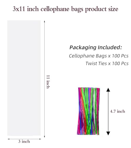 100 pcs Clear 3" x 11" Flat Cello Cellophane Bags Poly Treat Bags 1.4 mils for Gift Wrapping, Bakery, Cookie, Candy Kabobs,Pretzel Rods , Dessert, Party Favors Packaging with Color Twist Ties - size: 3x11 Inch (Pack of 100)