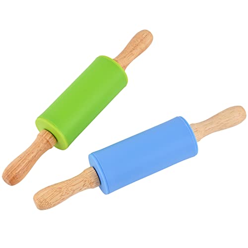 Mini Silicone Rolling Pin for Kids, Non-stick Surface Wood Handle, 9 Inch 2 Pack - color: Blue-Green, size: 2 PACK