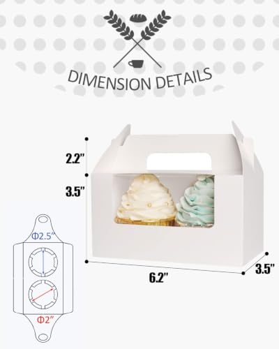 qiqee Cupcake Box Two Holder 6.5x3.6x3.5inch(2.2" Top) 50pcs White 2 Cupcake Boxes With Window - color: White, size: 50Pcs, Two Holder