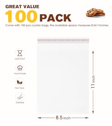 Yuiicaov 100 Pcs Clear Self Sealing Cellophane Bags, 8.5x11 Inches Cookie Bags Resealable Sleeves Bags for Photo Mats, Documents, Notebook, Paper or Gifts, 3 Mils Individual Self Adhesive Wrappers - size: 8.5x11 Inch (Pack of 100)