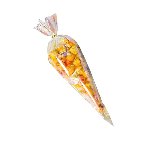 FERENLI 50 Pcs Cone Shaped Iridescent Holographic Cellophane Treat Bags - size: 7.3x12 inch