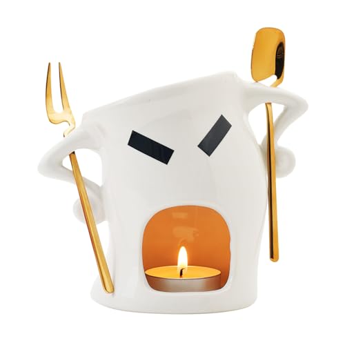 Mini Ceramic Fondue Set: Chocolate Fondue Melting Cup, Cheese Fondue Pot, Candy Mini Fondue Cups with 1 Fork & 1 Scoop - Food-Safe Gift for Parties, Gifts, Cozy Nights (White) - color: White