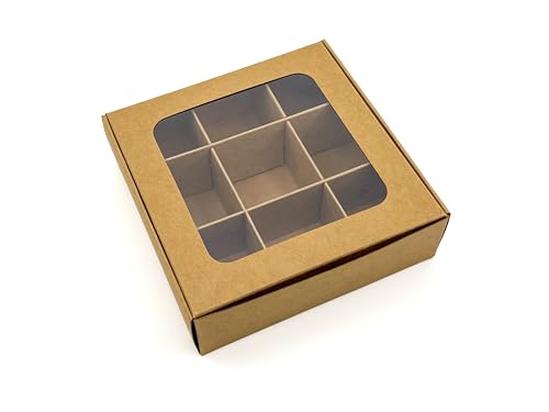 20-Ct Kraft Treat Boxes, 5x5x1.57in, Window & Dividers - color: Kraft, size: 5 x 5 x 1.57 in (9 compartments)