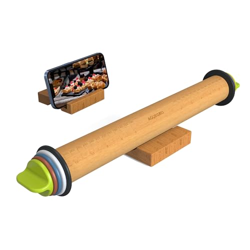 Adjustable Rolling Pin with 4 Thickness Rings &Wood Stand For Baking Dough - color: Wood