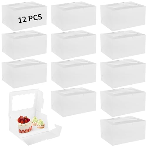 Homaisson 12 PCS Bento Cake Box with Cupcakes, White Packaging Boxes for Cupcakes, Mini Cakes, and Egg Tarts, Includes Clear Window, Ideal for Gifts and Bakery Packaging
