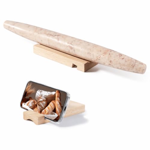 Natural Marble Rolling Pin for Baking, 15.6” Non-Stick Stone Dough Roller - color: 15.6"x1.48"-Rosa Crema