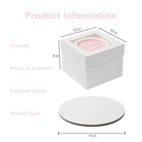 5 Pack Cake Boxes, 10x10x8 Inches Tall Cake Box with Cake Boards