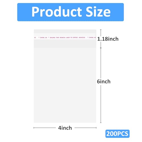 JOYIT 200pcs 4"x6" Clear Cellophane Bag, Self Adhesive Sealing Bags - size: 4in*6in