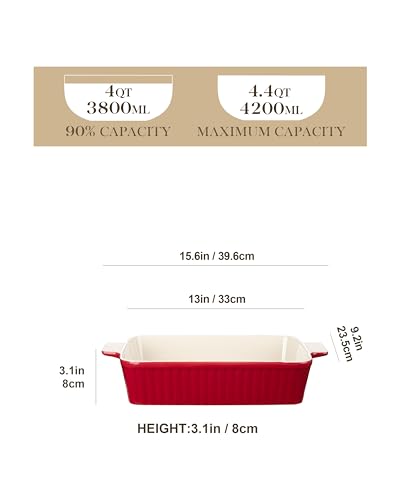 MALACASA 4.4 QT Ceramic Casserole Dishes for Oven, 9x13 Baking Dishes, Red - color: Red