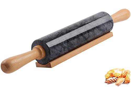 Marble Rolling Pin with Wooden Cradle Thick Handle Set for Baking,18.5 inch Premium Quality Polished Roller for Pizza Dough,Fondant,Pie Crust,Non-Stick Surface Easy to Clean(Black) - color: Black