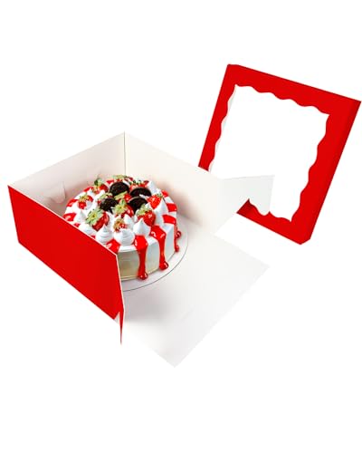 qiqee 12x12x6 Cake Box, 18 Sets Red Cake Box with Window ＆ 18 Sets 12" Red Cake Round Boards, 12inch Cake Containers - color: Red, size: 18 Sets /12x12x6