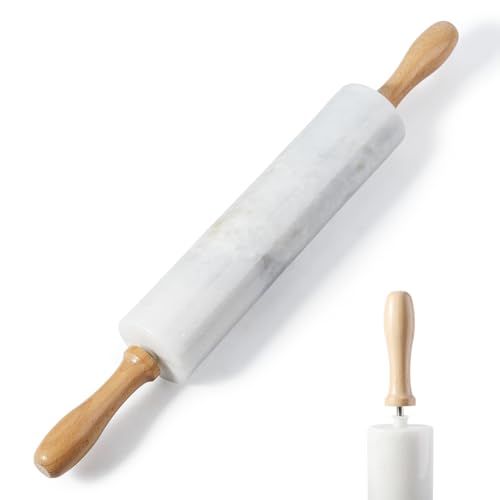 Koville White Marble Rolling Pin With Wooden Handles & Wood Cradle, 18 Inch Polished Marble Rolling Pins For Making Pizza Dough, Dough Roller For Pie Crust, Cookie, Pasta, Ergonomic Handles - color: Namib Fantasy White