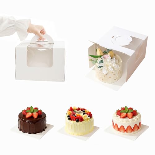 10 Packs Cake Boxes 8Inch, White Bakery Carrier with Window, Cardboard Cake Containers with Handle for Cookie Dessert, Cajas Para Postres for Birthday Wedding Party Valentine's Day