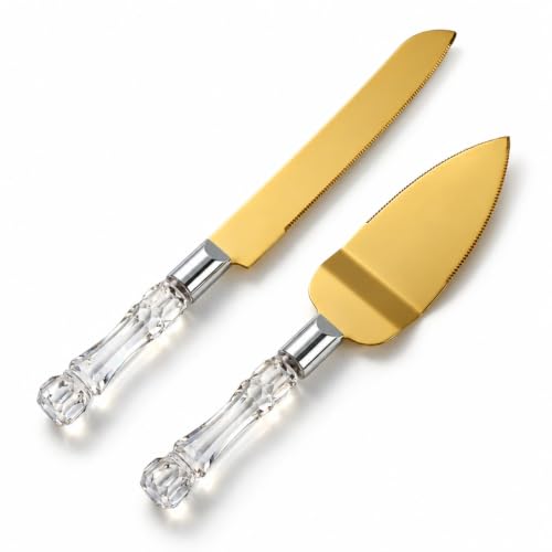 Gold Cake Knife and Server Set – Stainless Steel Wedding Cake Cutting Set with Crystal Handle, Cake Cutter & Pie Spatula for Wedding, Birthday, Anniversary, Party - color: Gold