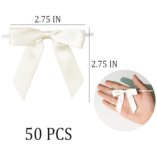 50 Pcs Satin Bows with Twist Ties, 2.5 Inch Gift Wrapping Bows, Ivory - color: Ivory