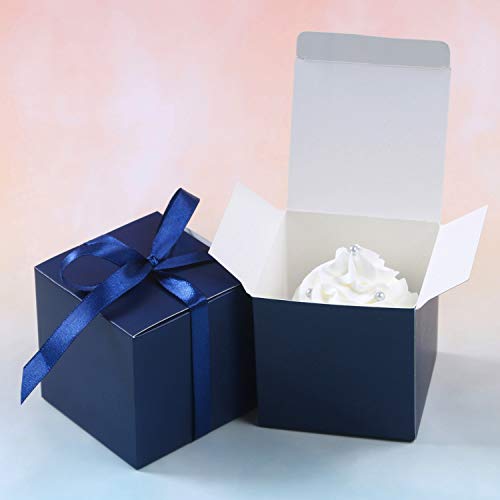 COTOPHER 100pcs Wedding Favor Boxes, 3x3x3 In Small Gift Box with Ribbons - color: Navy, size: 3x3x3 Inch (Pack of 100)