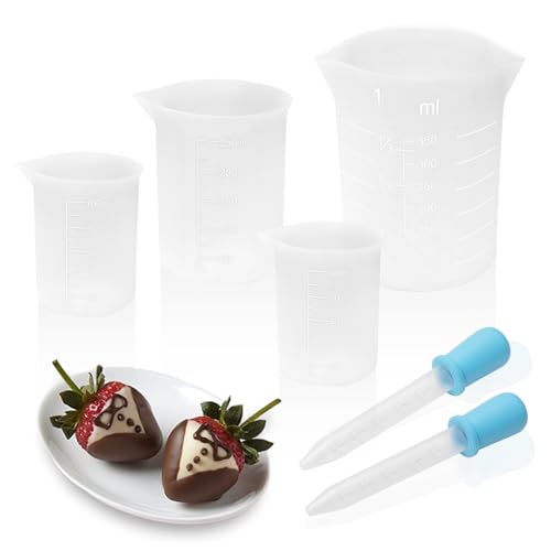 Silicone Cups for Melting Chocolate, 4Pack 100/250/350ml Capacity Silicone Measuring Cups with 2Pcs 5ml Droppers，Reusable Baking Supplies for DIY Chocolate Molds