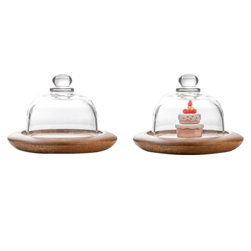 Acacia Wood Small Dessert Plates, 5.1 in Diameter x 3.74 in Height, 2-Pack with Transparent Glass Domes and Flat Bases, for Individual Dessert Display, Wedding Receptions, Birthdays, and Afternoon Tea - color: Two 5.1-inch mini Acaciawood dessert cups