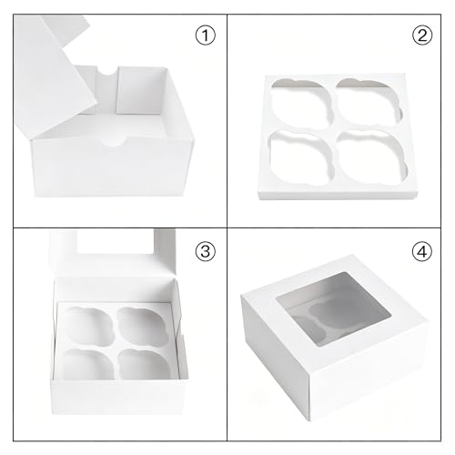 Jotique 4 count White Cupcake Boxes with Window, 6 Sets 6x6x3 Inch - color: white